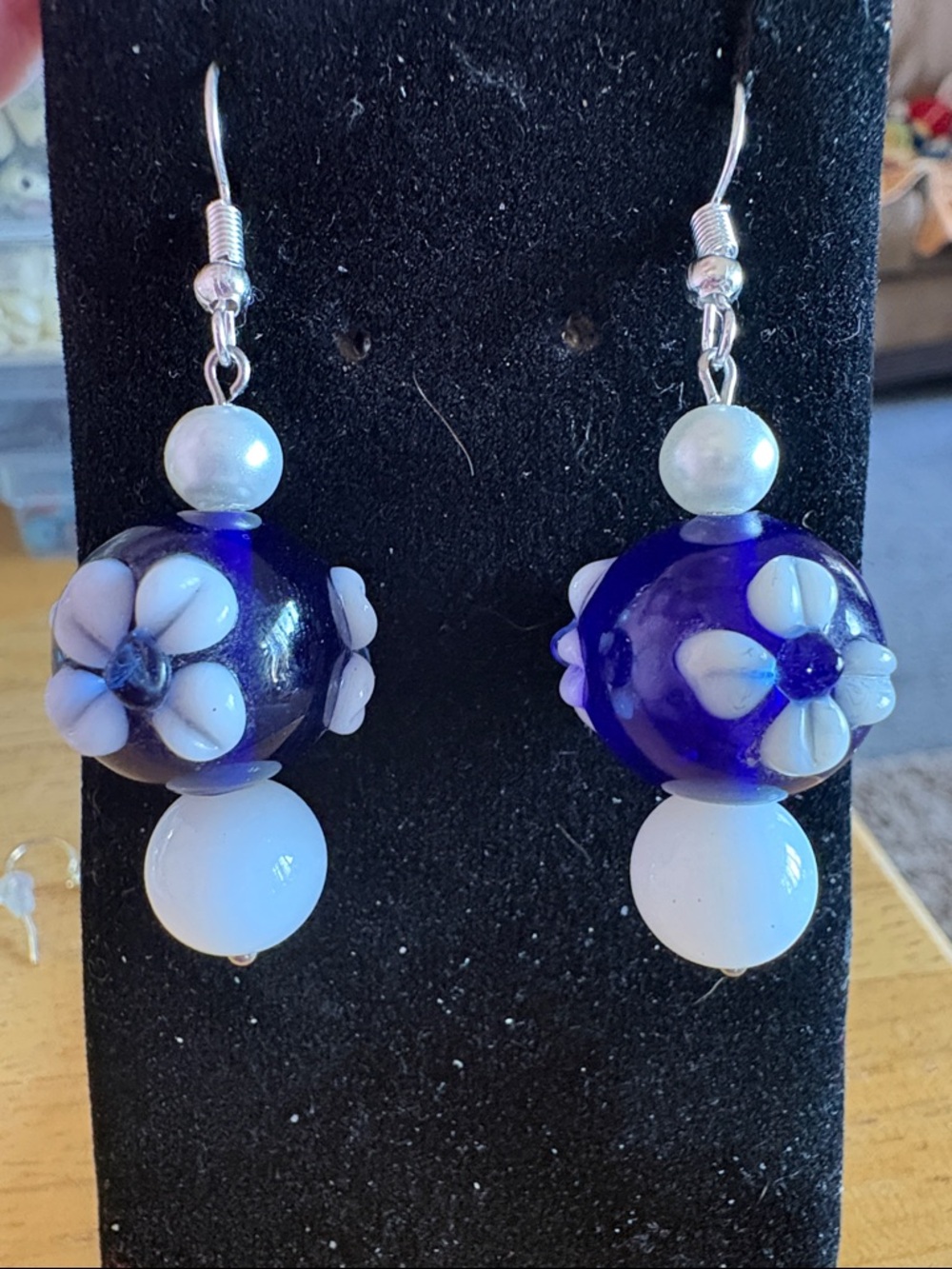 Hand Crafted Blue and White Floral Glass Drop Earrings